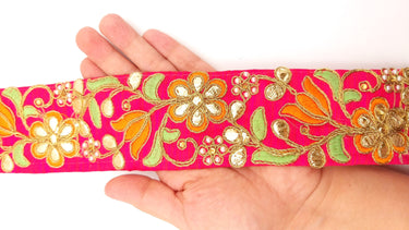 Dark Pink Fabric Trim In Green, Orange & Gold Floral Embroidery, Beaded Gota Patti